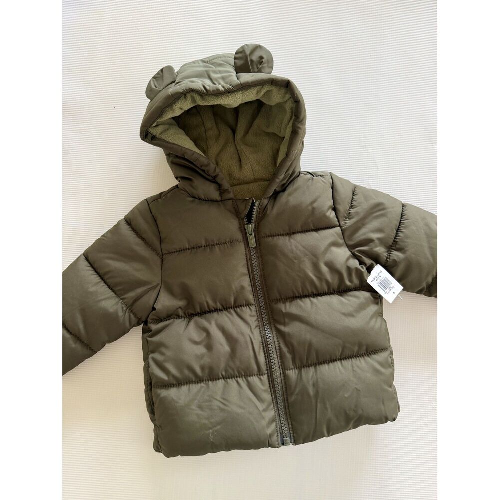 NWT Old Navy Baby Bear Ear Puffer Jacket 6-12M Olive Green Fleece Lined